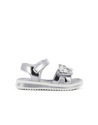 Sandali da bimba argento laminati con veclro e fiorellini