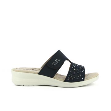 Ciabatte comfort blu scuro con velcro, strass e zeppina
