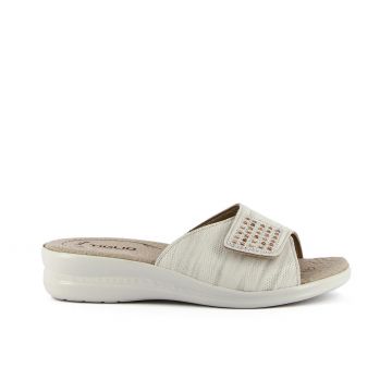Ciabatte comfort beige in tessuto con zeppina