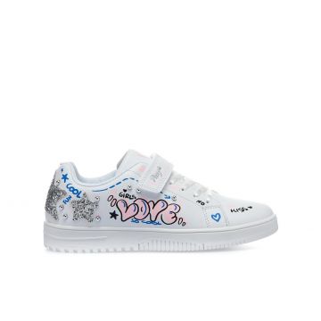 Sneakers bianche in pelle con strappo e disegno