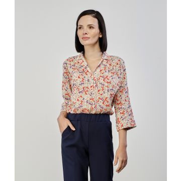 Camicia beige multicolor con scollo a V e maniche a campana