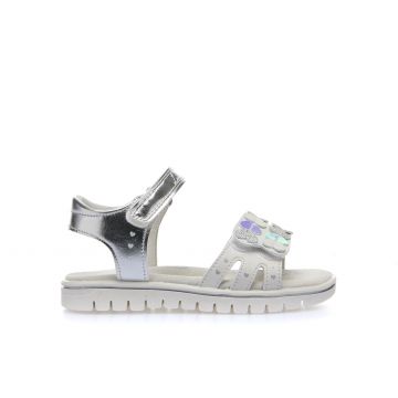 Sandali bianchi e argento in pelle con velcro e cuori