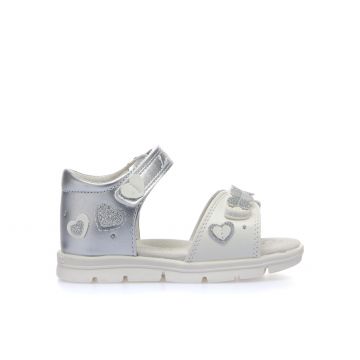 Sandali bianchi e argento in pelle con velcro e cuoricini