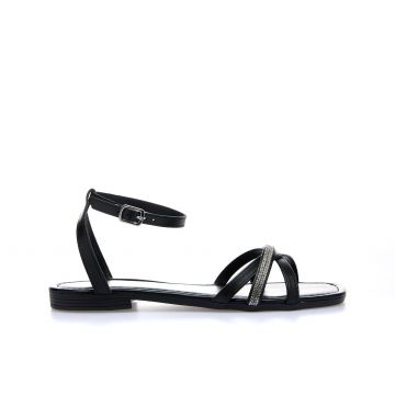 Sandali bassi neri con cinturino e strass