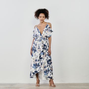 Vestito blu lungo senza maniche stampa floreale