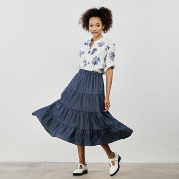 Gonna midi blu in denim con balze