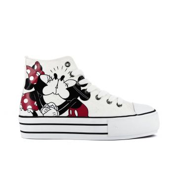 Sneakers bianche alte con suola platform e stampa laterale cartoon Minnie e Topolino