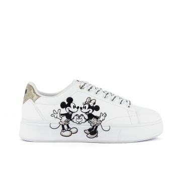 Sneakers platform bianche con stampa laterale cartoon Minnie e Topolino
