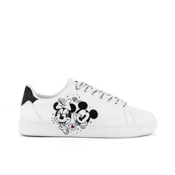Sneakers bianche con scritte sui lacci e stampa laterale cartoon Minnie e Topolino