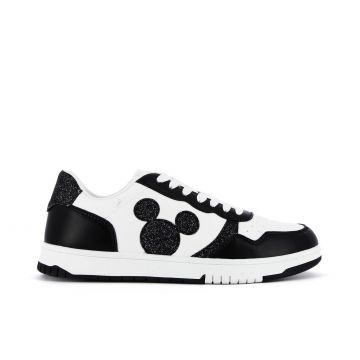 Sneakers bianche e nere con dettagli glitter cartoon Topolino