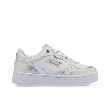 Sneakers bianche e argento con platform e logo