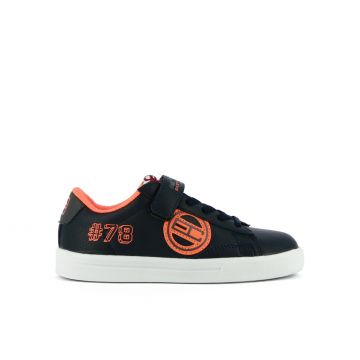 Sneakers blu con strappo e logo fluo