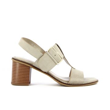 Sandali con tacco largo beige in pelle con maxi fibbia