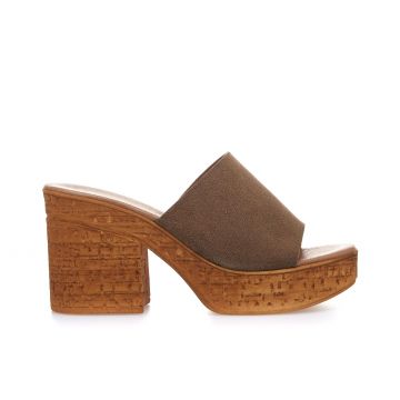 Zoccoli marrone scuro in pelle con tacco e plateau