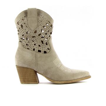Stivaletti texani beige con tacco e gambale traforato