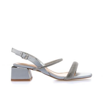 Sandali argento con tacco basso largo e cinturini con strass