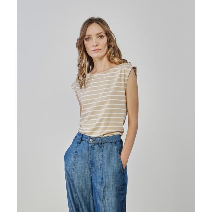 T-shirt beige smanicata a righe