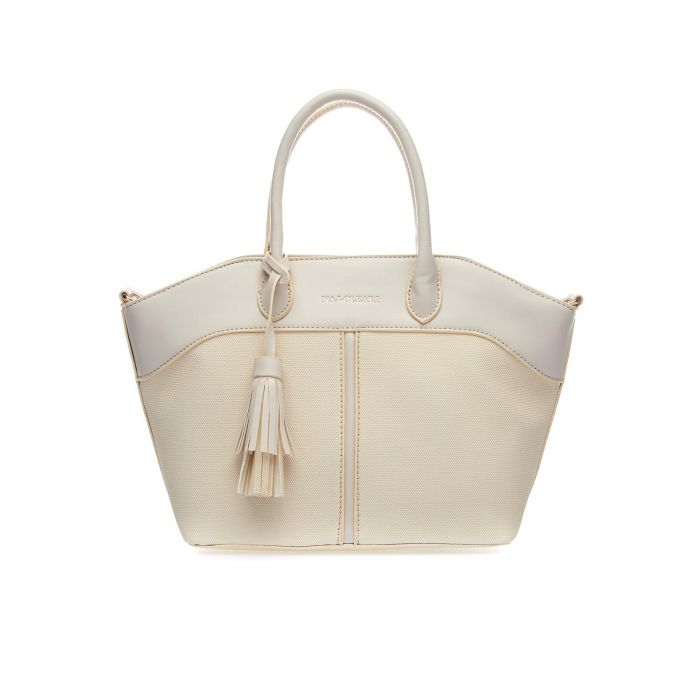 Shopper piccola bianca con pendaglio a nappina
