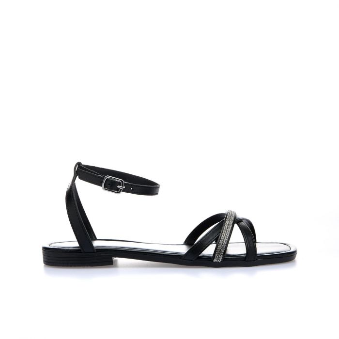 Sandali bassi neri con cinturino e strass