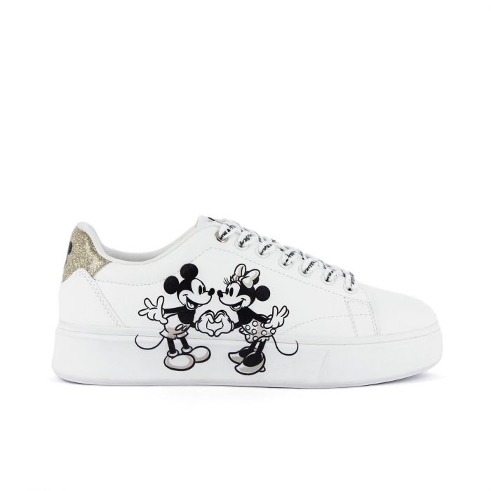 Sneakers platform bianche con stampa laterale cartoon Minnie e Topolino