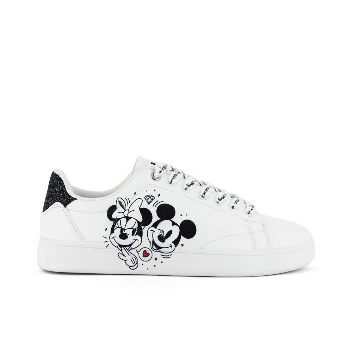 Sneakers bianche con scritte sui lacci e stampa laterale cartoon Minnie e Topolino