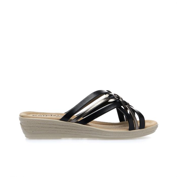 Ciabatte comfort nere da donna multi-cinturini con zeppina