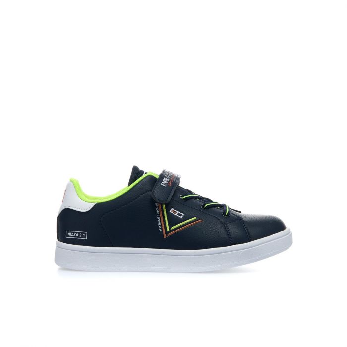 Sneakers blu da bambino con cuciture colorate