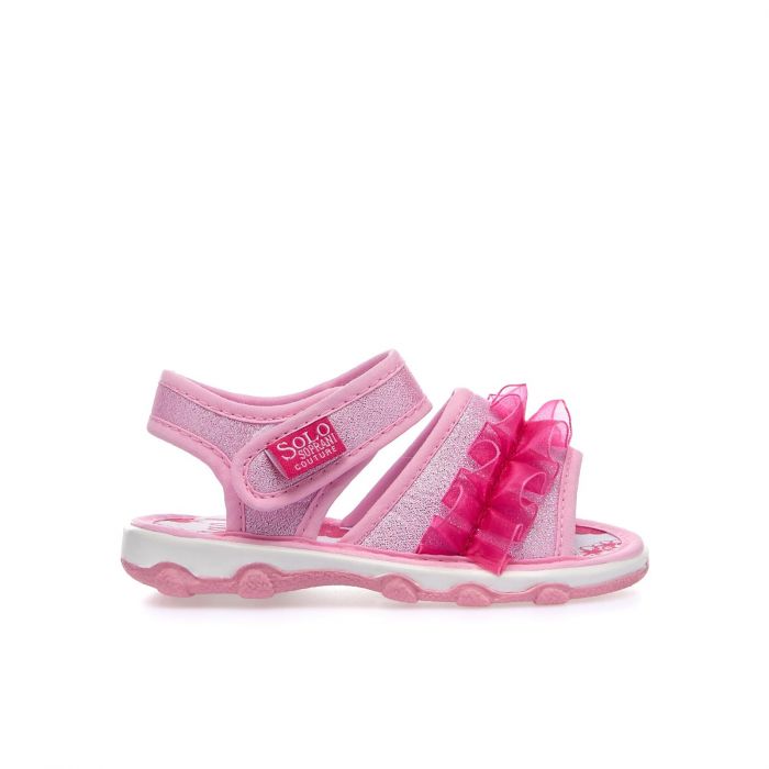Sandali bimba rosa in tessuto con velcro e voile