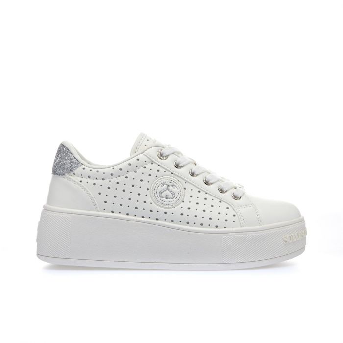 Sneakers bianche e argento con suola platform e logo laterale