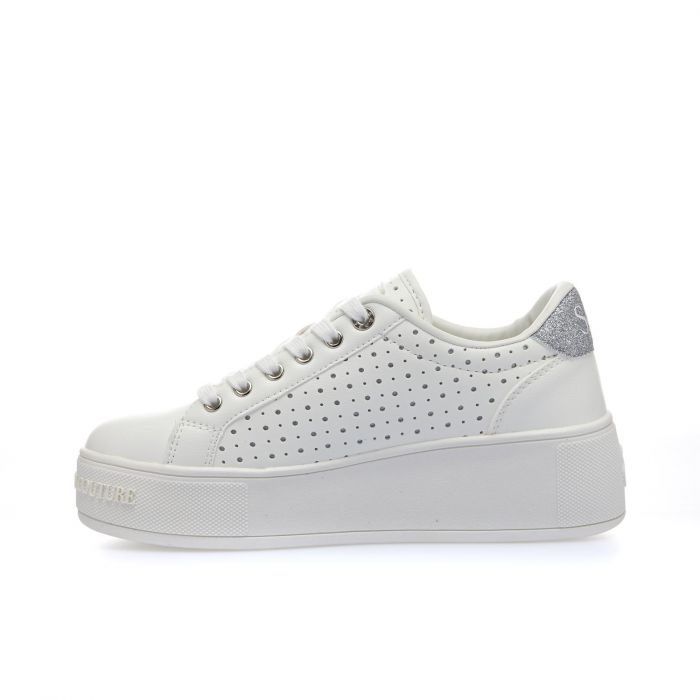 Sneakers bianche e argento con suola platform e logo laterale