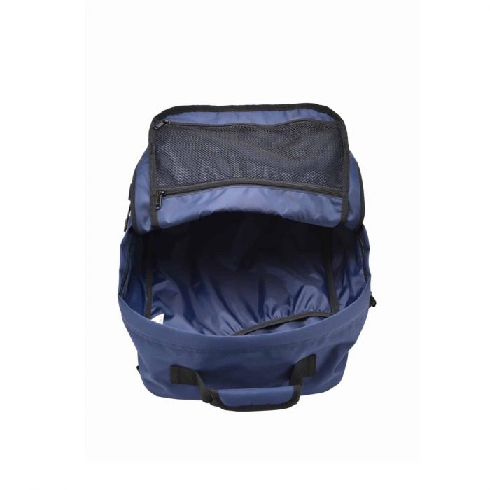 Zaino blu da viaggio 36L con zip e cinghie di compressione