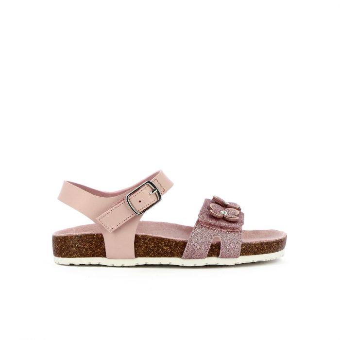 Sandali rosa glitter con fiorellini, velcro e cinturino