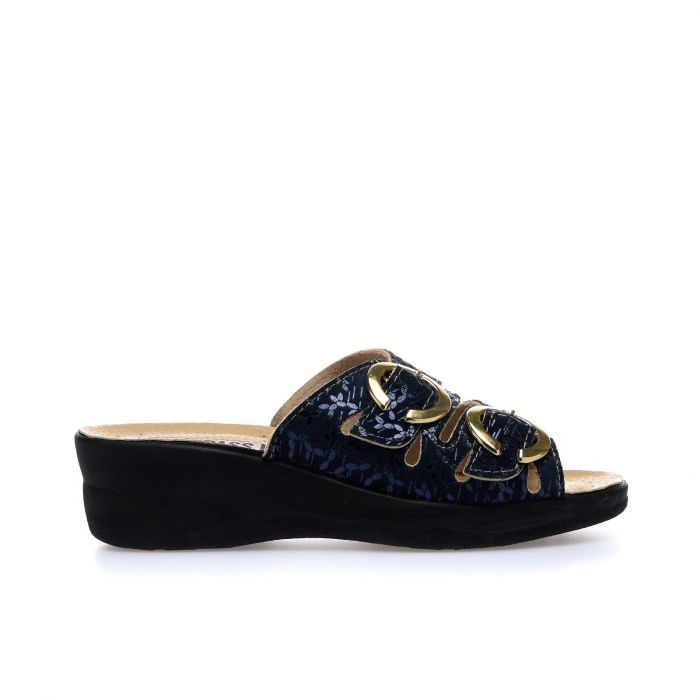 Ciabatte comfort blu con zeppina e fibbie