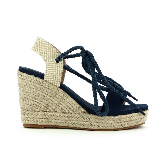 Sandali blu con zeppa in corda con lacci