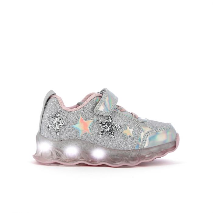 Sneakers argento glitter da bimba con velcro lucine e stelle