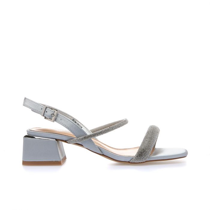 Sandali argento con tacco basso largo e cinturini con strass