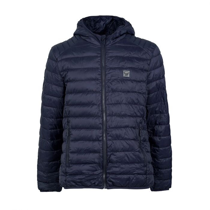 Piumino leggero blu scuro con tasche e cappuccio