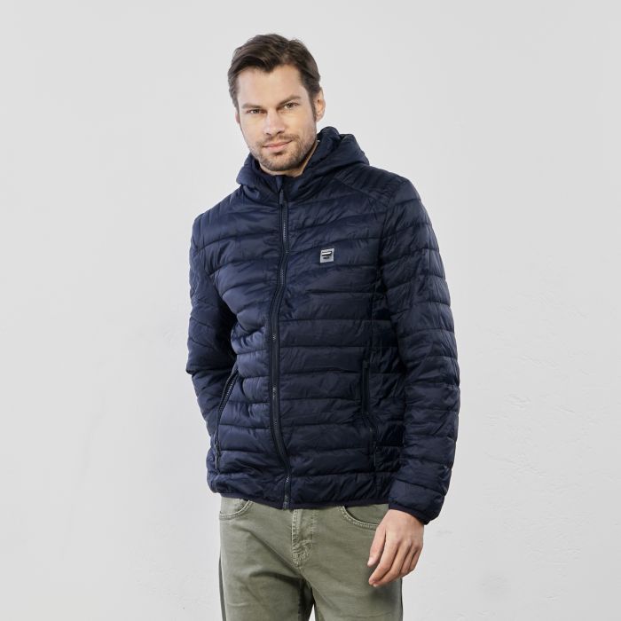Piumino leggero blu scuro con tasche e cappuccio